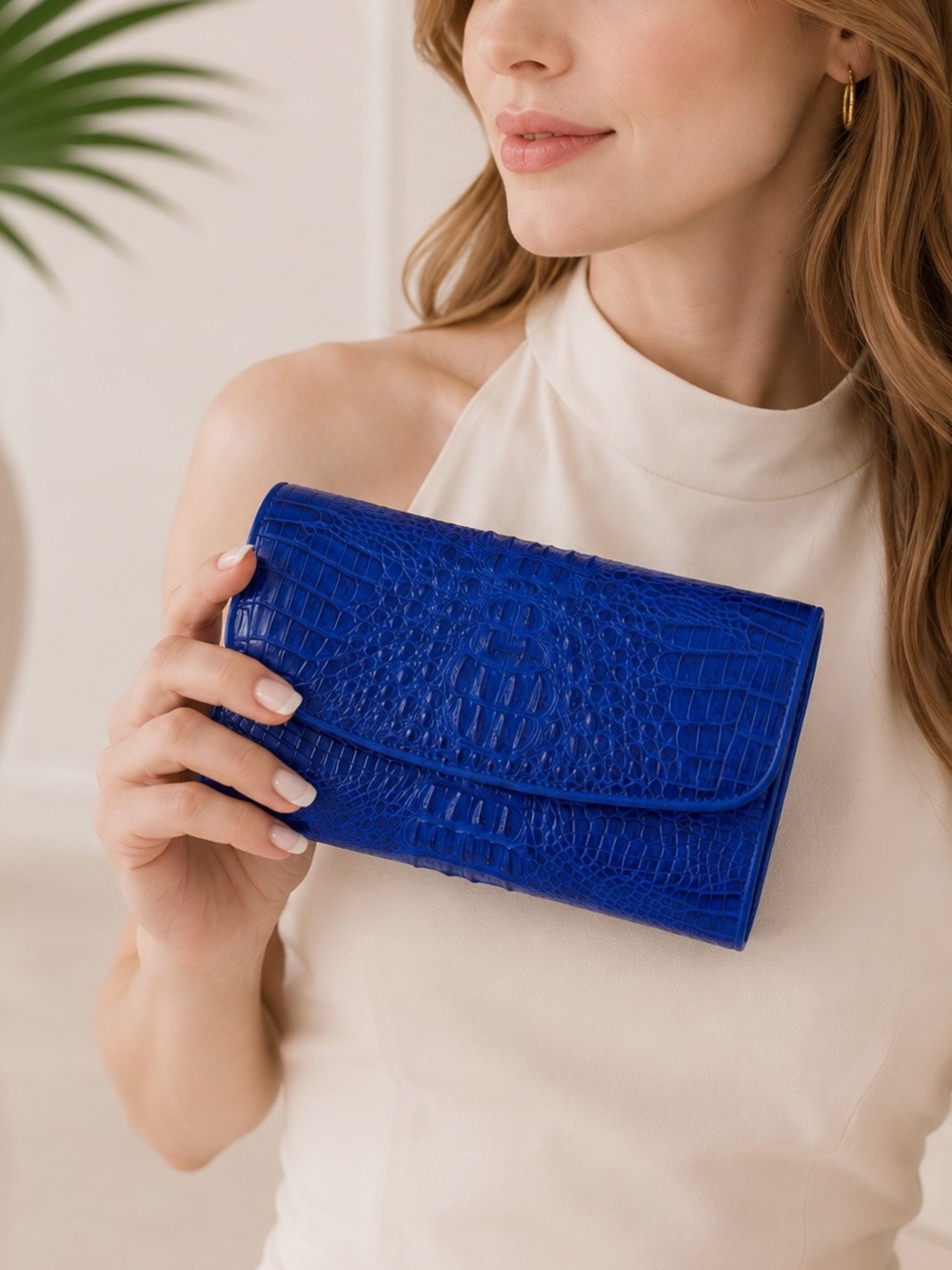 Genuine Crocodile Skin Clutch – Vibrant Blue Exotic Leather Foldover Evening Bag